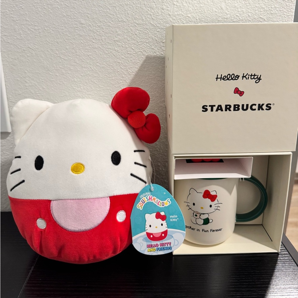 Starbucks Hello Kitty Ceramic Mug & Hello Kitty 8 inch Squishmallow Bundle